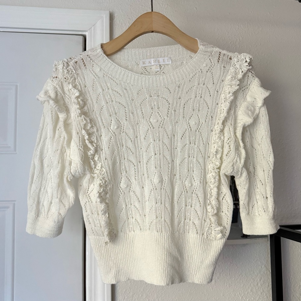 KARLIE cream off white crochet open knit ruffle puff short sleeve boxy sweater